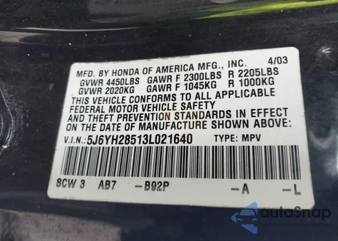 2003 Honda Element Ex from USA, damaged, VIN 5J6YH28513L021640